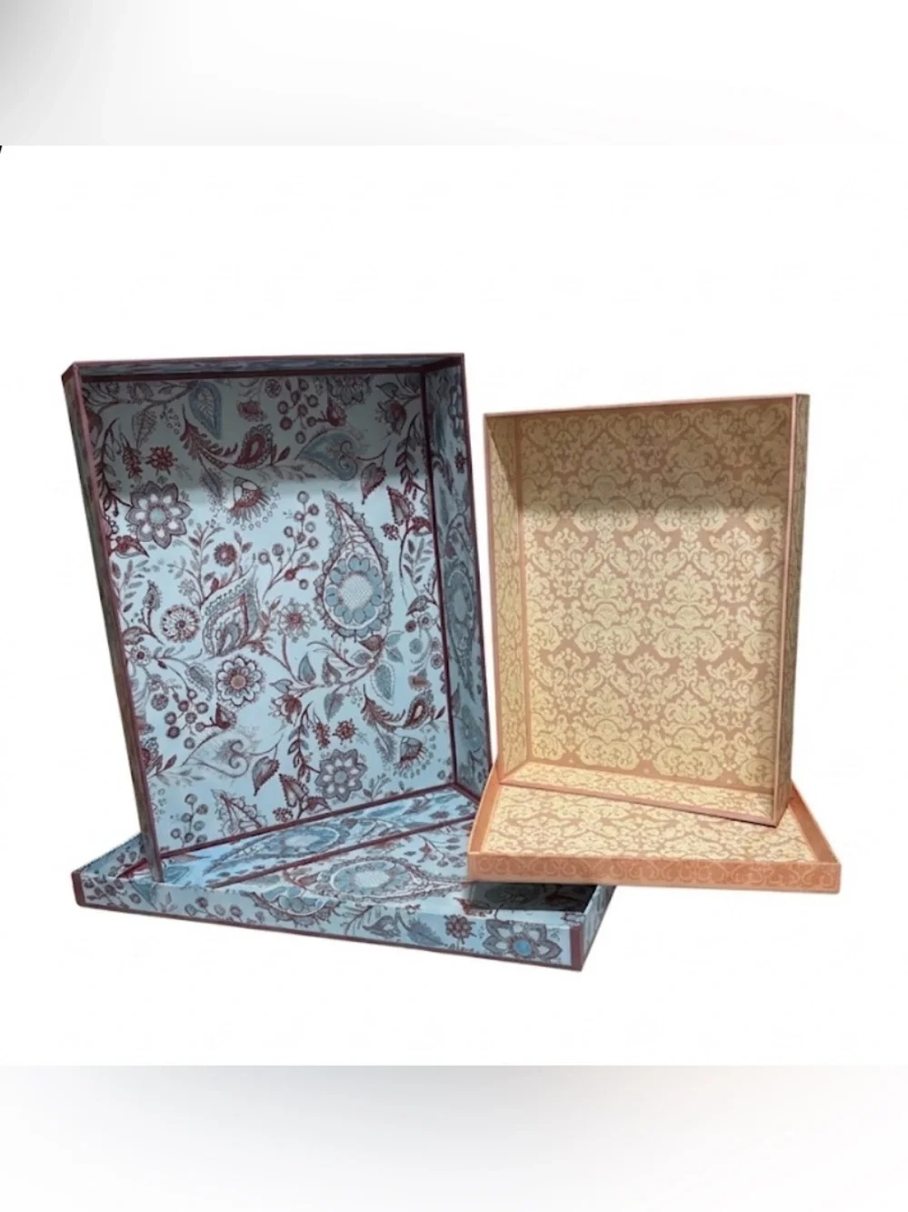 Decorative Patterned Storage Boxes in Blue Paisley & Tan Damask